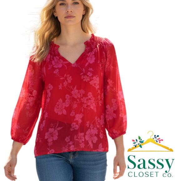 Bobeau Red Pink Floral Blouson Top Split Neck Smocked Accent 3/4 Sleeve Sz M EUC - Picture 1 of 7